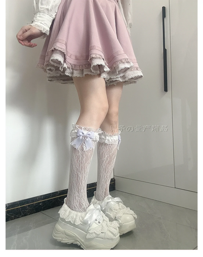 JK Lolita Lace Stockings Bow Knot Sweet Socks Female Long Stocking Teen Uniform Calf Socks Student Cute JK Socks