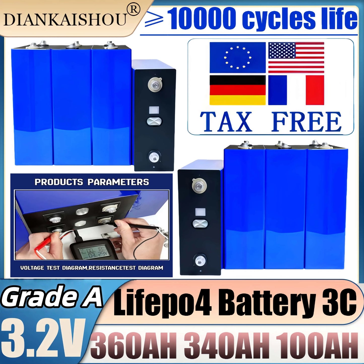 3.2V 360ah 340ah 100ah Lifepo4 Grade A battery 3C high-power energy storage rechargeable battery IY olf solar energy camping