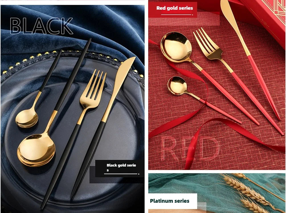 2PC/4PC Cutlery Set Stainless Steel Glossy Titanium Black Gold Cutlery Knife Fork Spoon Tea Spoon Set Kitchen Accessories