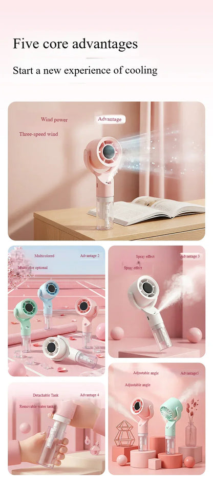 Portable Handheld Spray Mist Fan Mini Turbine Rechargeable Cooling Fan For Desktop Outdoor Camping Student Dormitory Summer Use