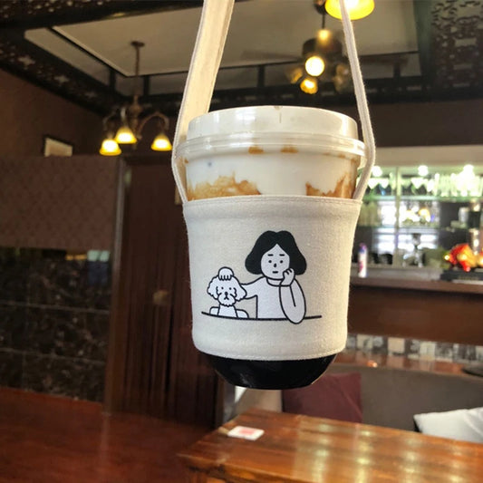 【Portable Water Bottle Holder Carry Bag Coffee Cup Storage Sleeve Cover Canvas Printing Milk Tea Set Drinking Bottle Strap】