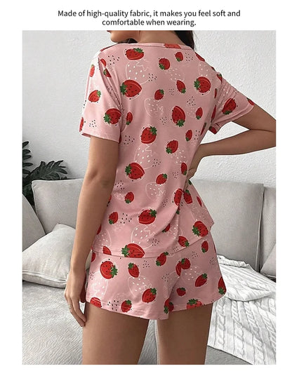 Pajamas Set for Women Breathable Strawberry Print Sleepwear Comfy Short Sleeve Top and Shorts Pyjama Home Loungewear for Ladies