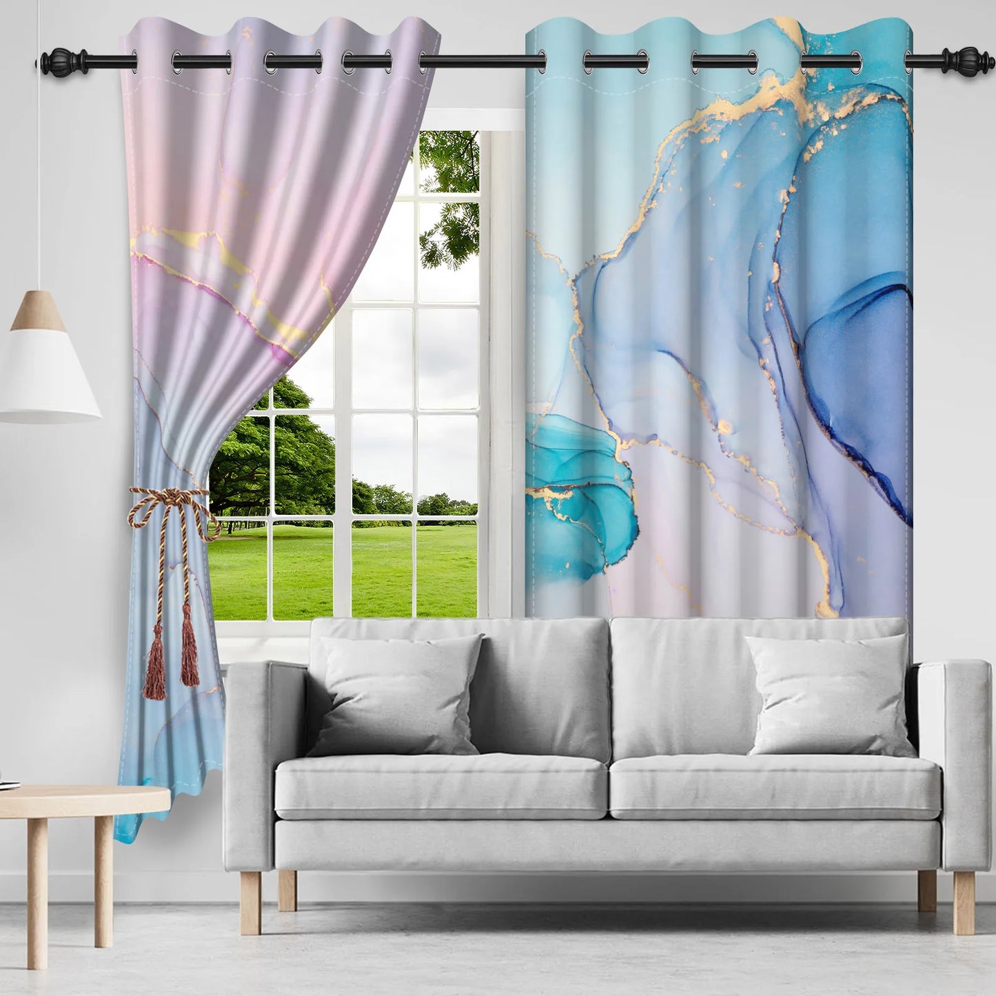 2pcs/set Marble Print Blackout Curtain Modern Window Drapes Blue Gold Pink Thermal Insulated Living Room Bedroom Home Decoration
