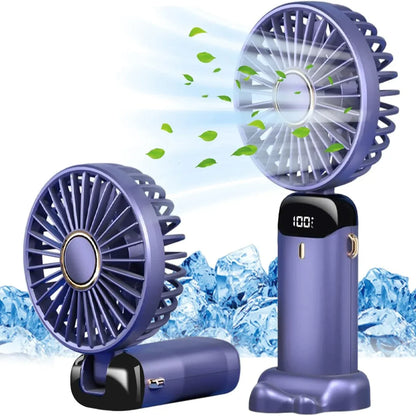 Handheld Fan,Foldable Desk Desktop Type-C Rechargeable Fans with Lanyard and Base, Mini Fan with LED Display 4000mAh