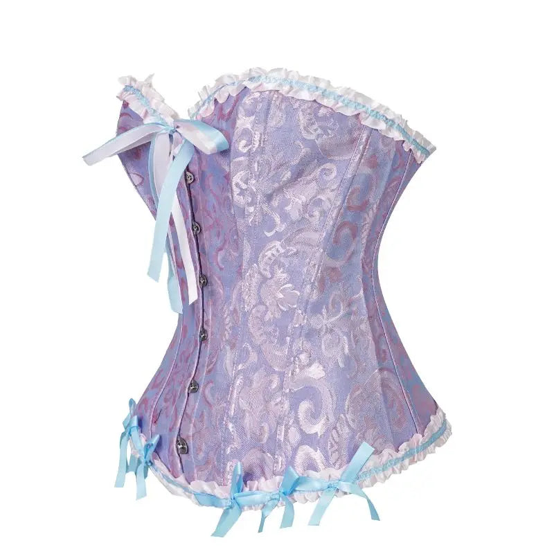 A lake blue dress with a flower patterned corset and a cinched waist for slimming ladies