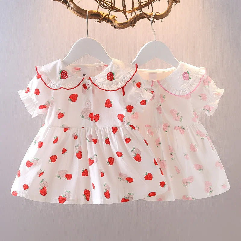 Summer New Style Baby Girls Dress Short Sleeve Flower Fake Two-Piece Shoulder Strap Dress Cute Princess Wedding Party Costume