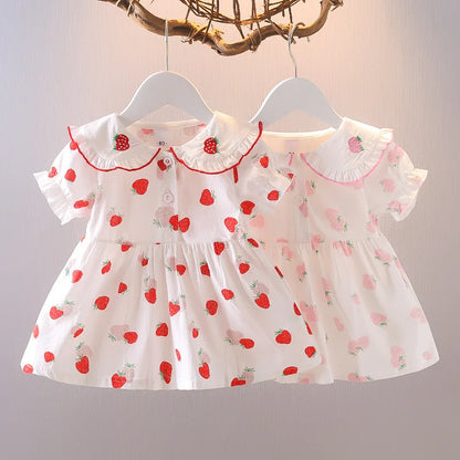 Summer New Style Baby Girls Dress Short Sleeve Flower Fake Two-Piece Shoulder Strap Dress Cute Princess Wedding Party Costume