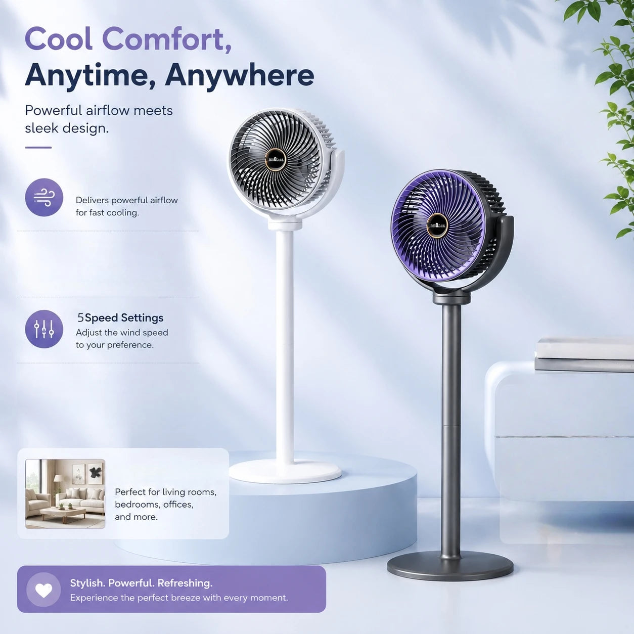 3-in-1 Modern Air Circulator Fan 5 Speeds 4 Heights Quiet Portable Pedestal Stand Fan USB-C for Home Bedroom Office RV Camping