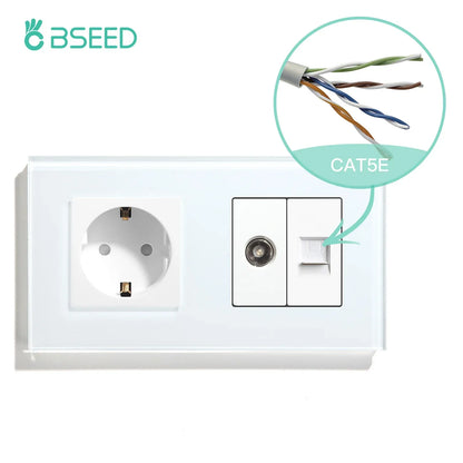 BSEED Single TV CAT5 Internet Socket Double EU Power Socket Triple Germany  With RJ45 Television Wall Sockets Glass Frame