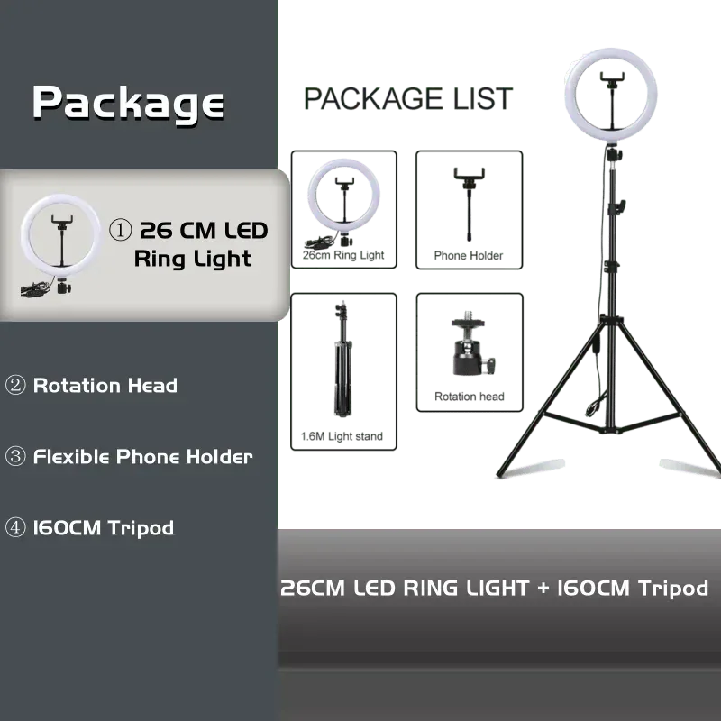 10" 26cm LED Selfie Ring Light Photography Video Light RingLight Phone Stand Tripod Fill Light Dimmable Lamp Trepied Streaming