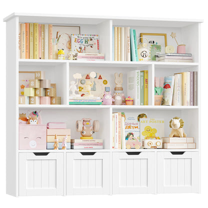 Getone Kids Toy Storage Unit Childrens Bookcase with 4 roller drawers 8 shelves Toy Organiser Kids Bookshelf for Nursery Playroom 125.5x33x118cm White/ Pink