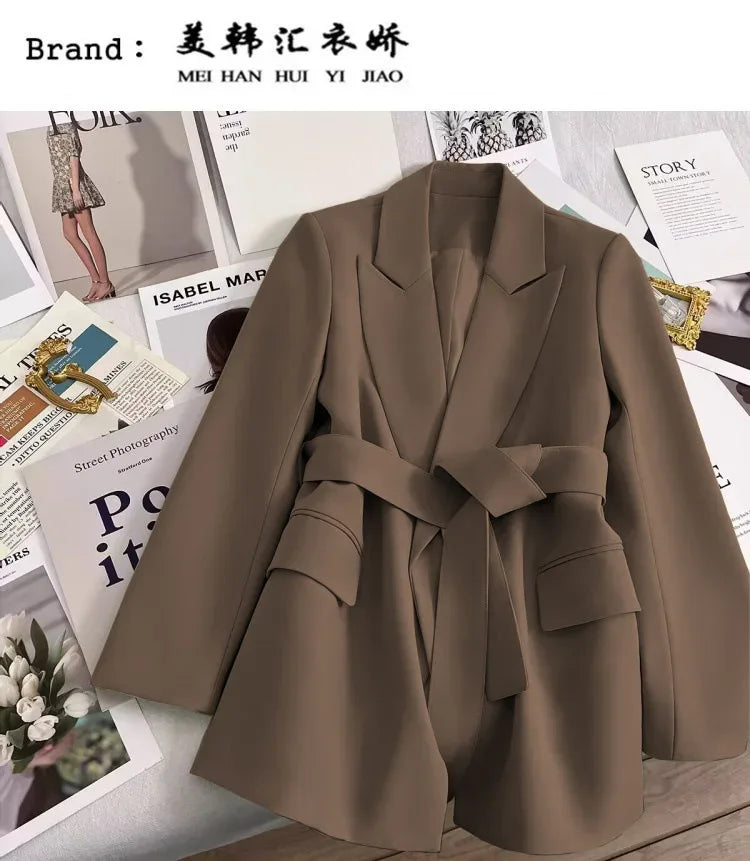 2024 Spring Autumn Suit Jacket Office Lady Fashion Elegant Commute Long Sleeve Lace Up Coat For Women 2024 Female Black Tops