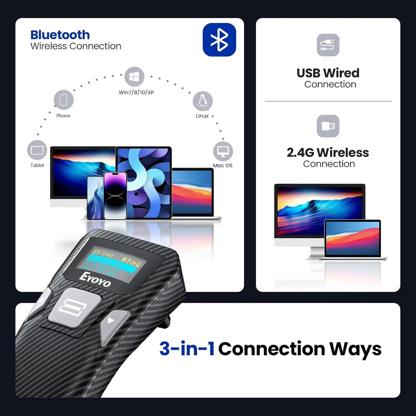 EYOYO Portable Bluetooth 1D Bar Code 2D QR Scanner with Digital Display Can Add Custom Prefix/Suffix Digits,Keyboard Keys