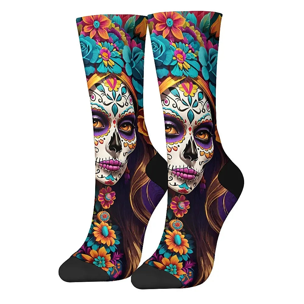 Mens Art Day of the Dead Themed Socks Mexican Grim Reaper Vintage Floral Design Soft Breathable Crew Socks Novelty Holiday Gift