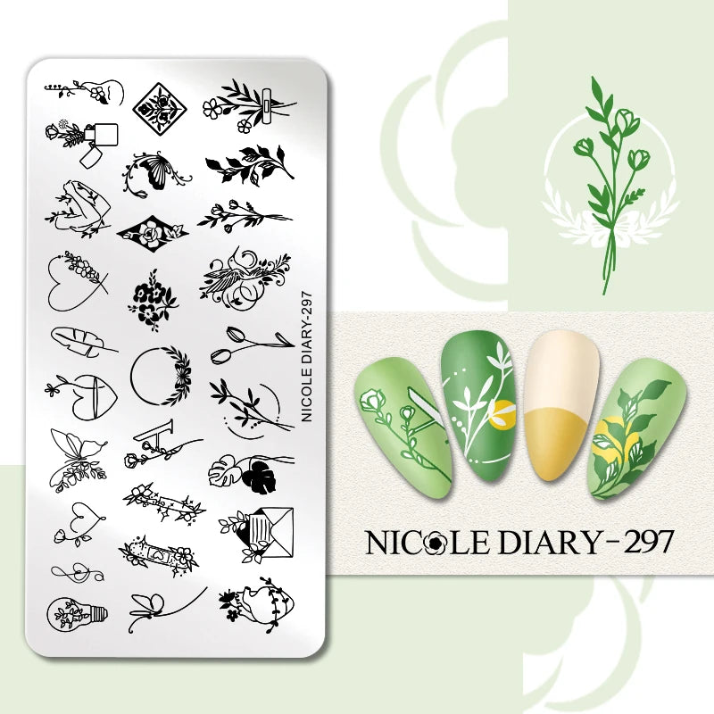 NICOLE DIARY Rose Flower Nail Stamping Plates Image Template Valentine's day Love Heart Printing Stencil Nail Art Manicure Tools