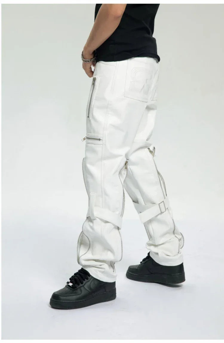 Mauroicardi Spring Autumn Cool Black Pu Leather Pants Men with Many Zippers Belt Luxury Designer Clothing Trousers Fashions 2023