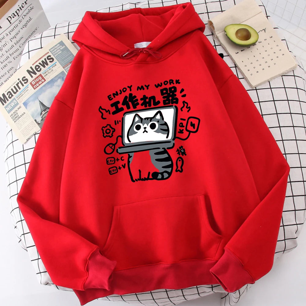 The Cartoon cat is an abstract working machine printed men's hoodie that is comfortable and casual