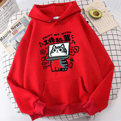The Cartoon cat is an abstract working machine printed men's hoodie that is comfortable and casual