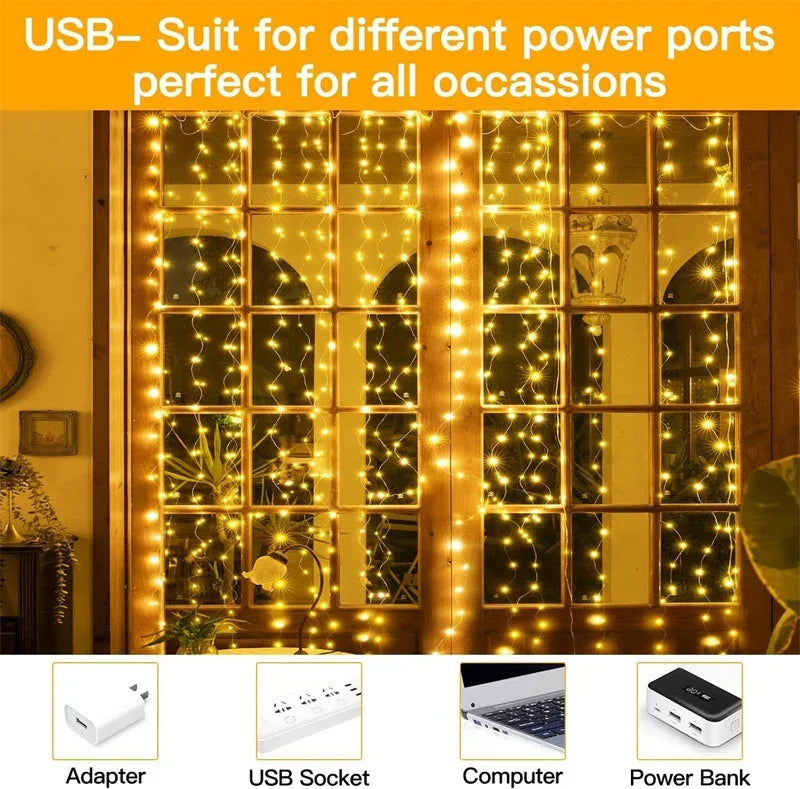 Christmas Lights LED Fairy String Curtain Lights 8 Mode Remote USB Festoon Christmas Decor For Home Holiday New Year Lamp