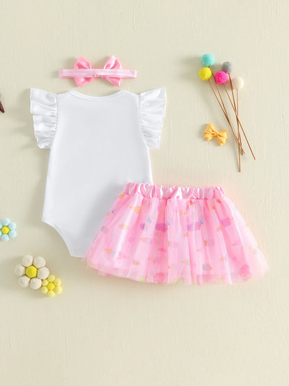 3Pcs Infant Girl Outfit Crew Neck Flying Sleeve Summer Themed Ice Cream Print Romper Tulle Skirt Headband Set