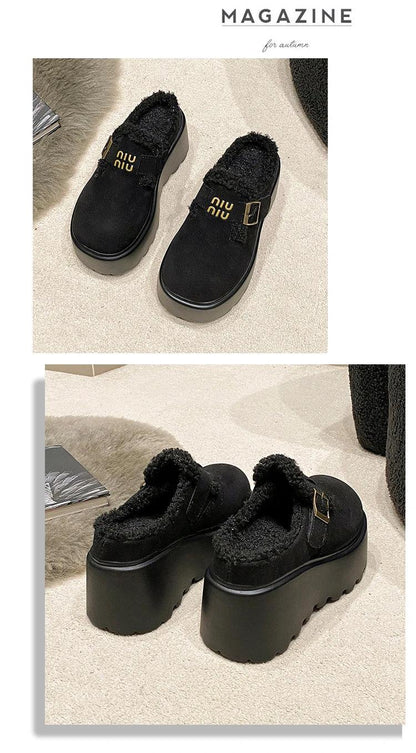 Platform High Heels Slippers Women Suede Mules Shoes Fur Warm Wedges Flip Flops 2025 Winter New Snow Boots Fashion Zapatos Mujer