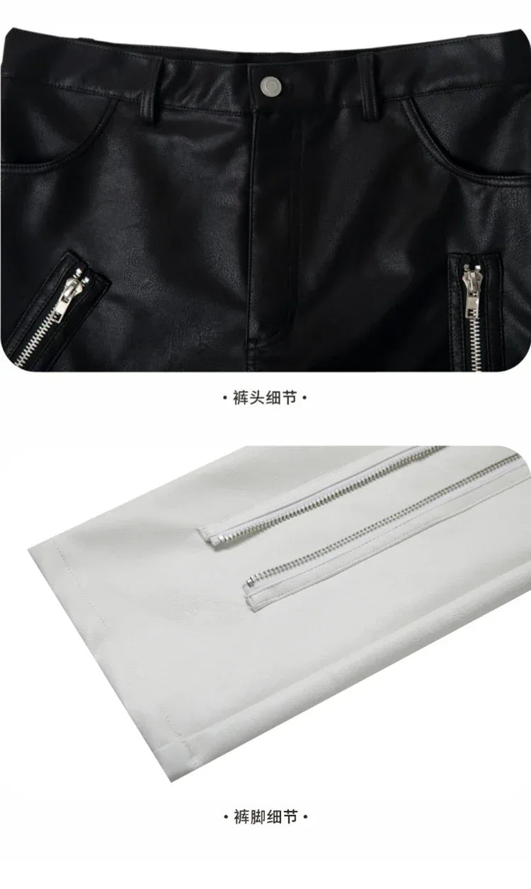 Mauroicardi Spring Autumn Cool Black Pu Leather Pants Men with Many Zippers Belt Luxury Designer Clothing Trousers Fashions 2023