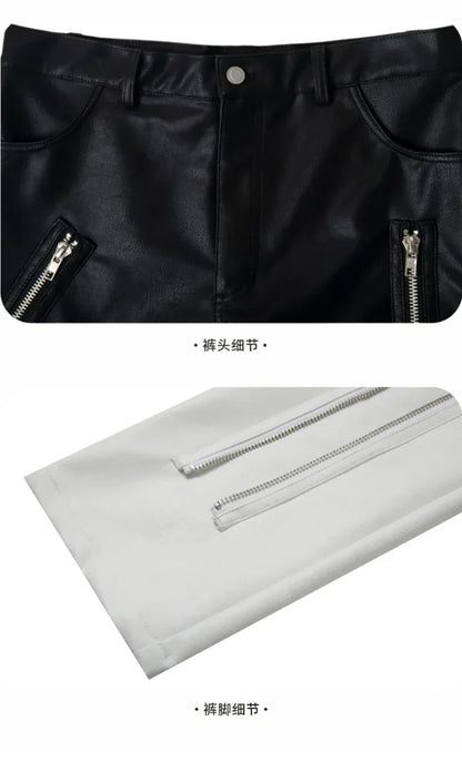 Mauroicardi Spring Autumn Cool Black Pu Leather Pants Men with Many Zippers Belt Luxury Designer Clothing Trousers Fashions 2023