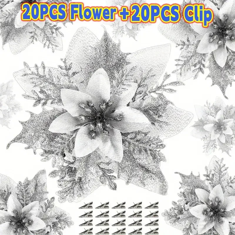 40PCS Artificial Glitter Christmas Flowers with Clips for Xmas Tree Ornament Fake Flower Floral New Year Party Home Decoration