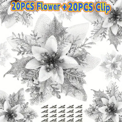 40PCS Artificial Glitter Christmas Flowers with Clips for Xmas Tree Ornament Fake Flower Floral New Year Party Home Decoration