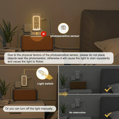 US AC Plug with Induced Light Wall Mounted Power Strip Multi-sockets Network Filter with USB Charging Network Filter Adapter