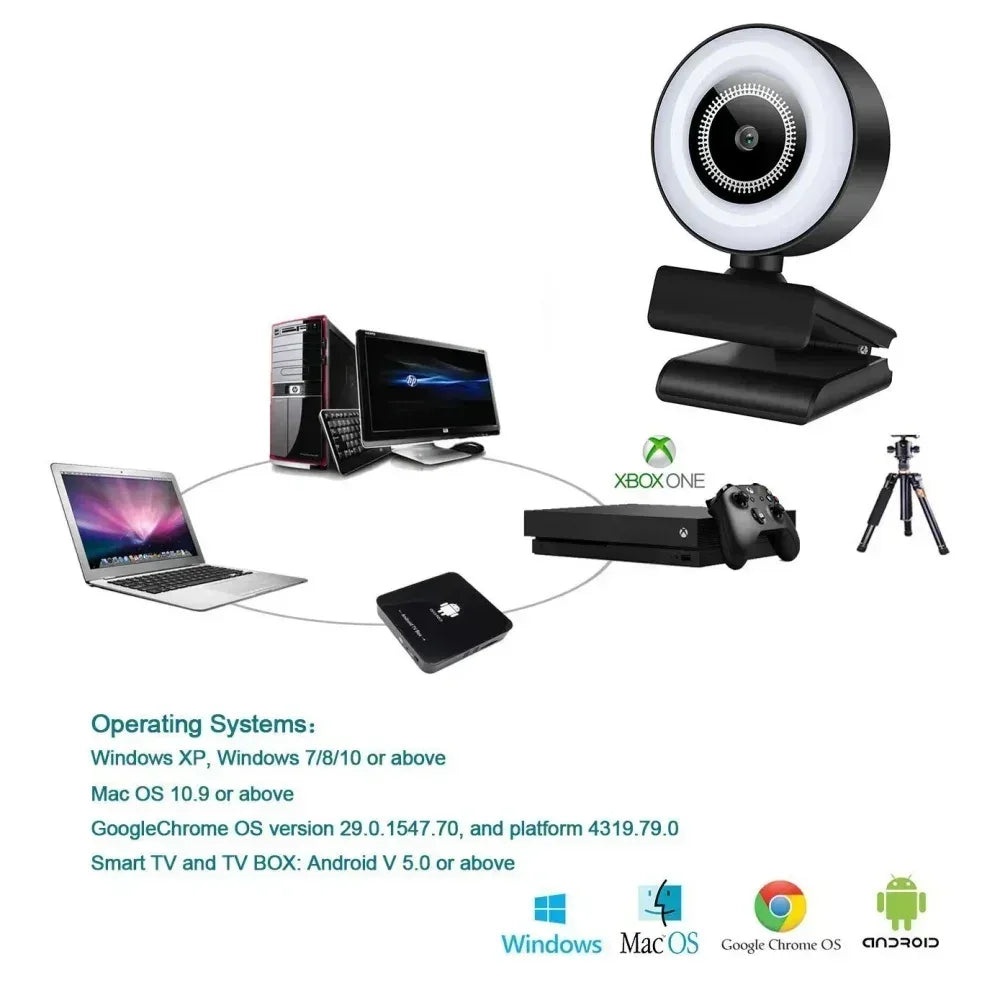 4K Webcam Mini Camera Full HD Webcam With Ring Fill Light Microphone USB Live Broadcast For Youtube PC Laptop Video Shooting