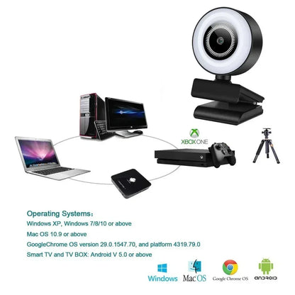 4K Webcam Mini Camera Full HD Webcam With Ring Fill Light Microphone USB Live Broadcast For Youtube PC Laptop Video Shooting