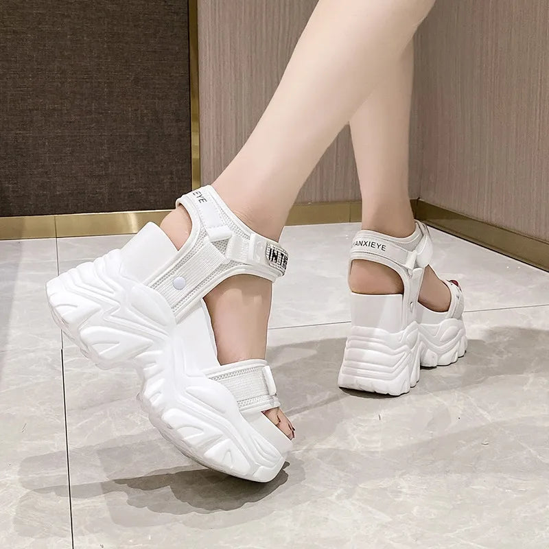 New Summer Black Women High Platform Sandals 11CM Wedge Heels Bling Slippers Peep Toe High Heels White Leather Chunky Flip-Flops