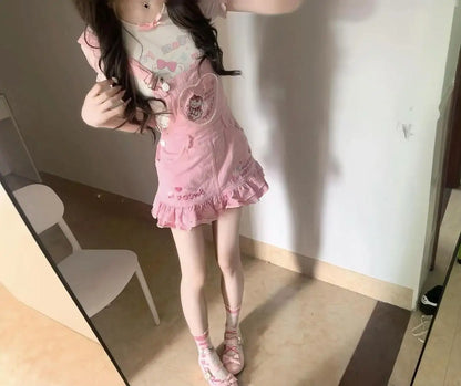 Sweet Girl Pink Overall Skirt Set Kawaii Strawberry Embroidery Ruffle Hem Cute Cartoon Print Jumper Outfit Summer Y2k Outfits