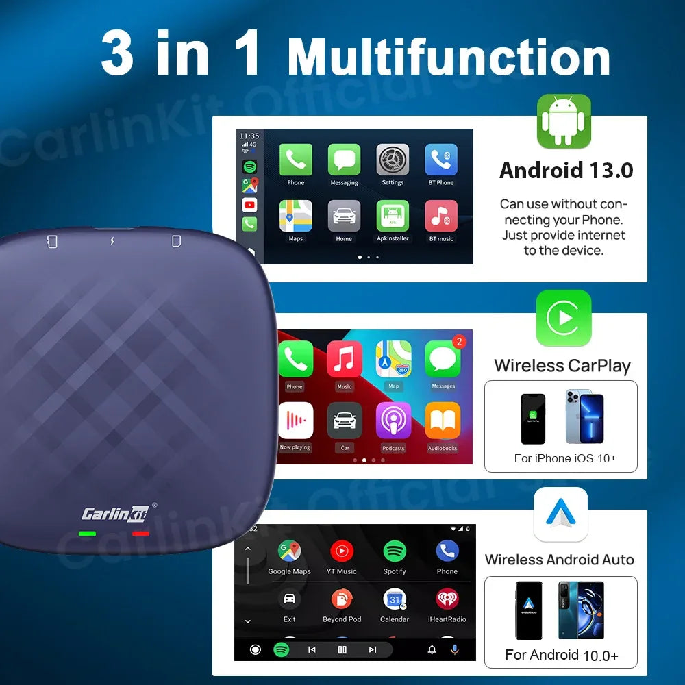 CarlinKit CarPlay Ai Box Android 13 Plus QCM6125 8-core Wireless Android Auto& CarPlay Car USB Adapter FOTA Upgrade For Netflix