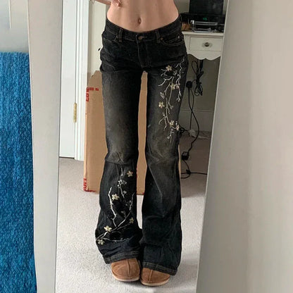 Floral Embroidery Jeans Women Y2K Streetwear Baggy Denim Pants Vintage 2000S Low Rise Flared Jeans Female High Street Trousers