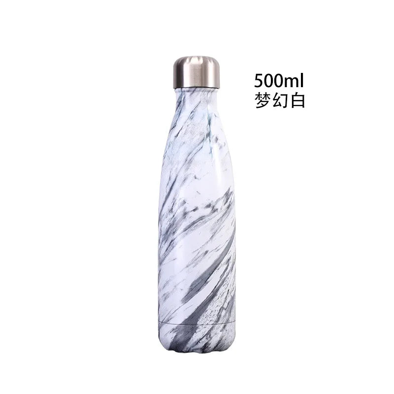 500ml Cola Shape Insulated Bottle, 304 Stainless Steel Vacuum Flask, Marble/Print Portable Water Bottle