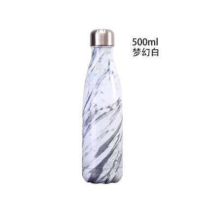 500ml Cola Shape Insulated Bottle, 304 Stainless Steel Vacuum Flask, Marble/Print Portable Water Bottle