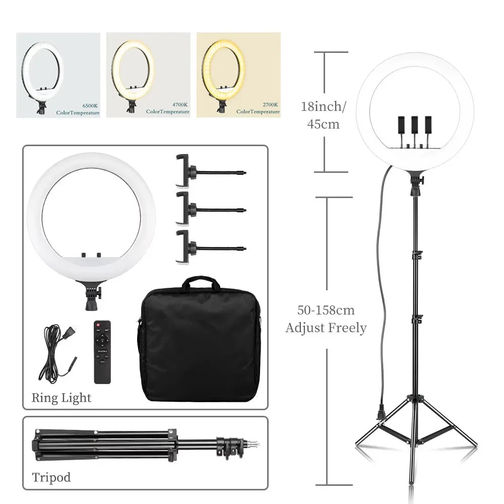 SH Ring Light 18inch Kit 36W 6500K Professional LED Control Stand Phone Holder Tube  Bag for Tattoo Lash Extension Barber Light