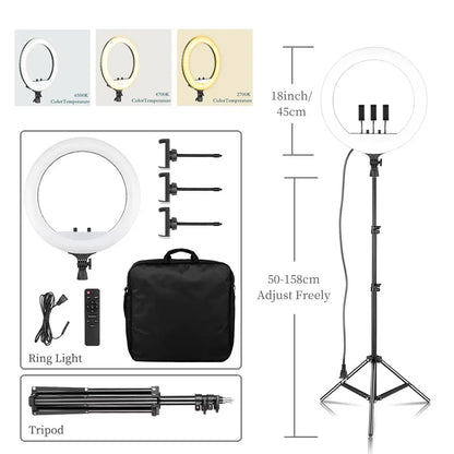 SH Ring Light 18inch Kit 36W 6500K Professional LED Control Stand Phone Holder Tube  Bag for Tattoo Lash Extension Barber Light