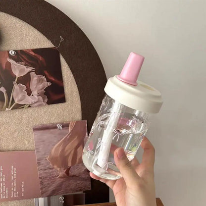 Pink Bow Tumbler Transparent Straw Water Cup Cute Portable Water Bottle For Outdoor School Drinking Water Bottles ﻿
