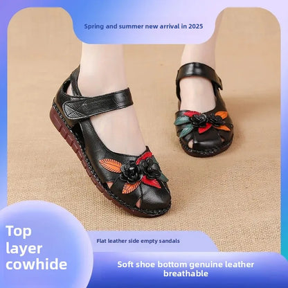 New 2025 Ladies Flat Sandals Soft Leather Anti-Slip Bottom Ethnic Style Comfortable Soft Surface Design for Elderly People