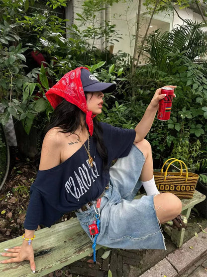 Yedinas Loose Off Shoulder Letter Graphic T Shirts Woman Clothing Short Sleeve American Retro Summer Tops Korean Style Y2k Tees
