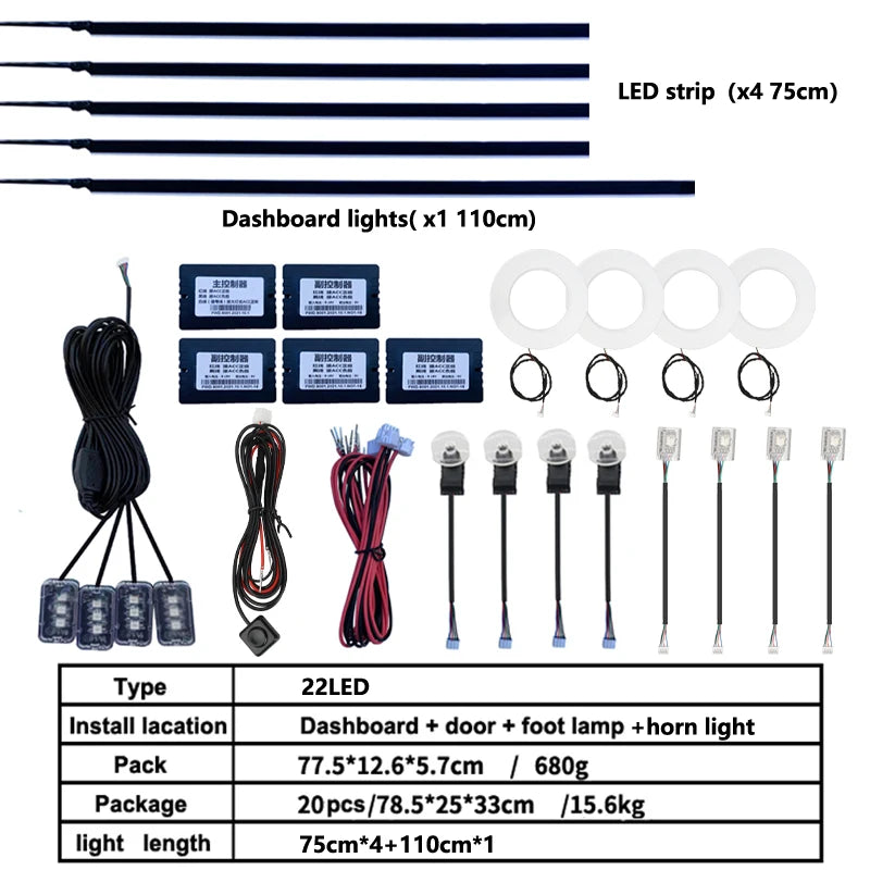 18in1 Car interior lights rgb Car Led interior car led strip lights for car ambient light door lighting Foot decorative lamp
