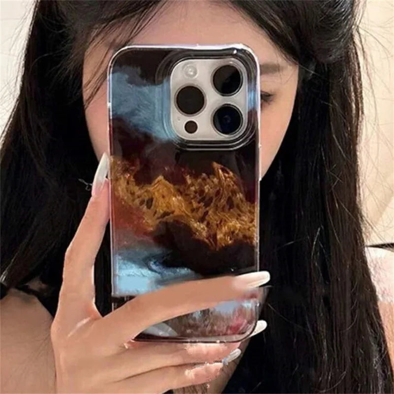 Vortex Pattern Blue Brown Black Blend Splicing Phone Case for IPhone 11 12 13 14 15 16 Pro Max Shockproof Hard Back Cover Fundas