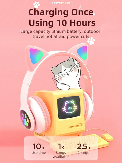 New Flash Light Cute Cat Ears Wireless Headphone with Mic Control LED Kid Girl Stereo Music Helmet Phone Bluetooth Headset Gift
