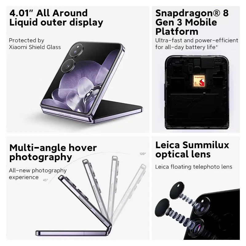 Global Version Xiaomi MIX Flip Leica 50MP Camera 4780mAh 67 W 12GB 512GB Snapdragon 8 Gen 3 Hyper Charger 6.86" 120Hz Display