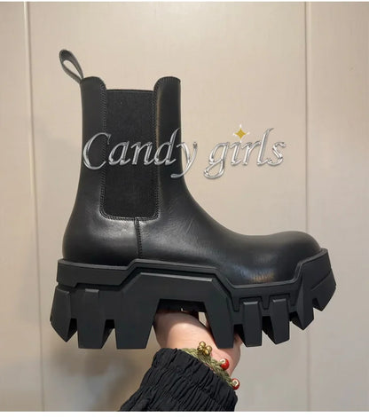 Retro Chelsea Mid-Calf for Women 2024 New round Toe Muffin Gear Platform Black Mid-Calf Length Motorcycle Boots