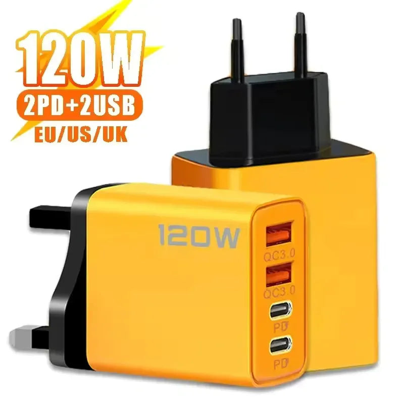 120W Fast Charger Hub USB C Quick Charge Ports PD 3.0 QC 3.0 For iPhone Samsung Xiaomi Android Phone Global Travel Charger Plug