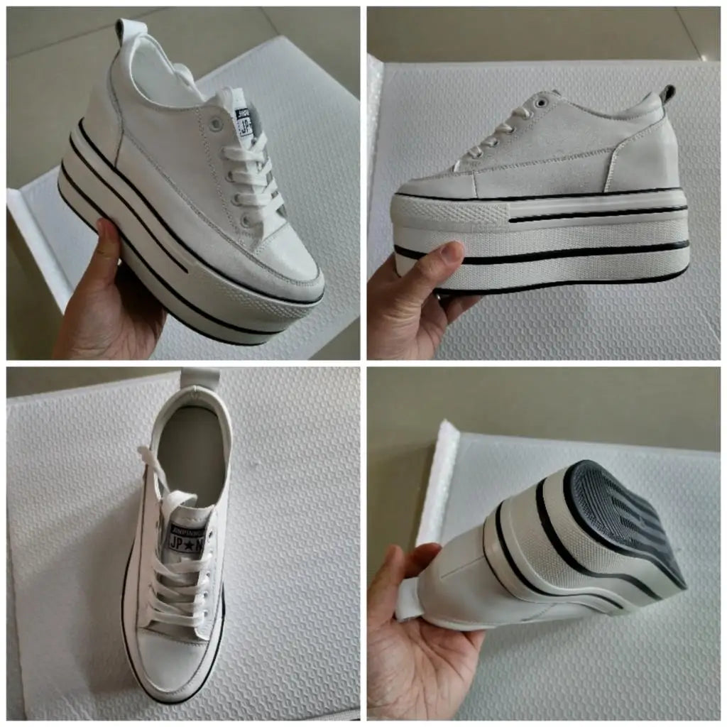Fujin 10.5cm High Thick Heel Platform Flats Women Casual Shoes Genuine Leather Soft Quality Casual Shoe Sneakers White Black